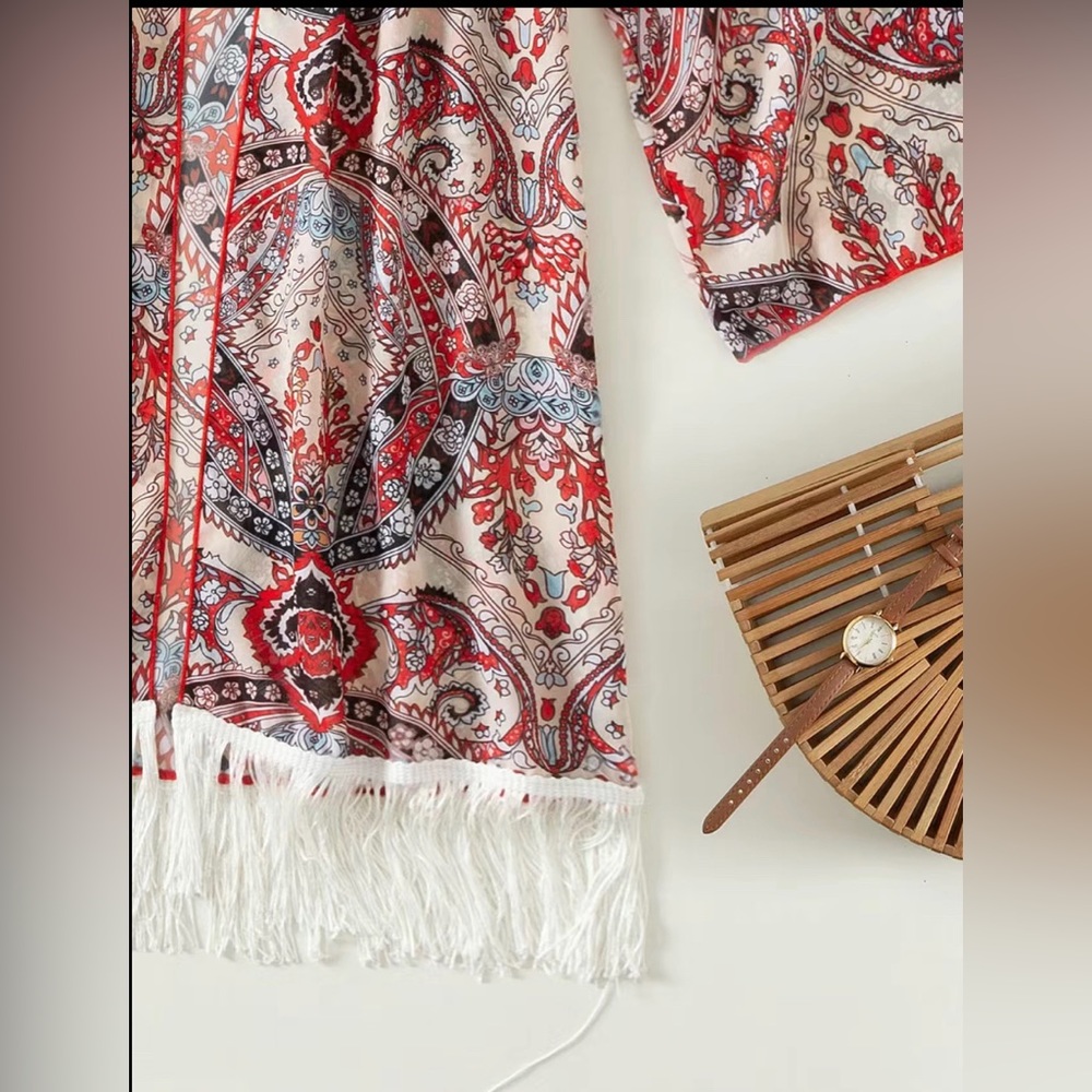 Baroque Pattern Tassel Fringe Beachwear Cover-Up Kimono Size L NWT - Picture 3 of 4